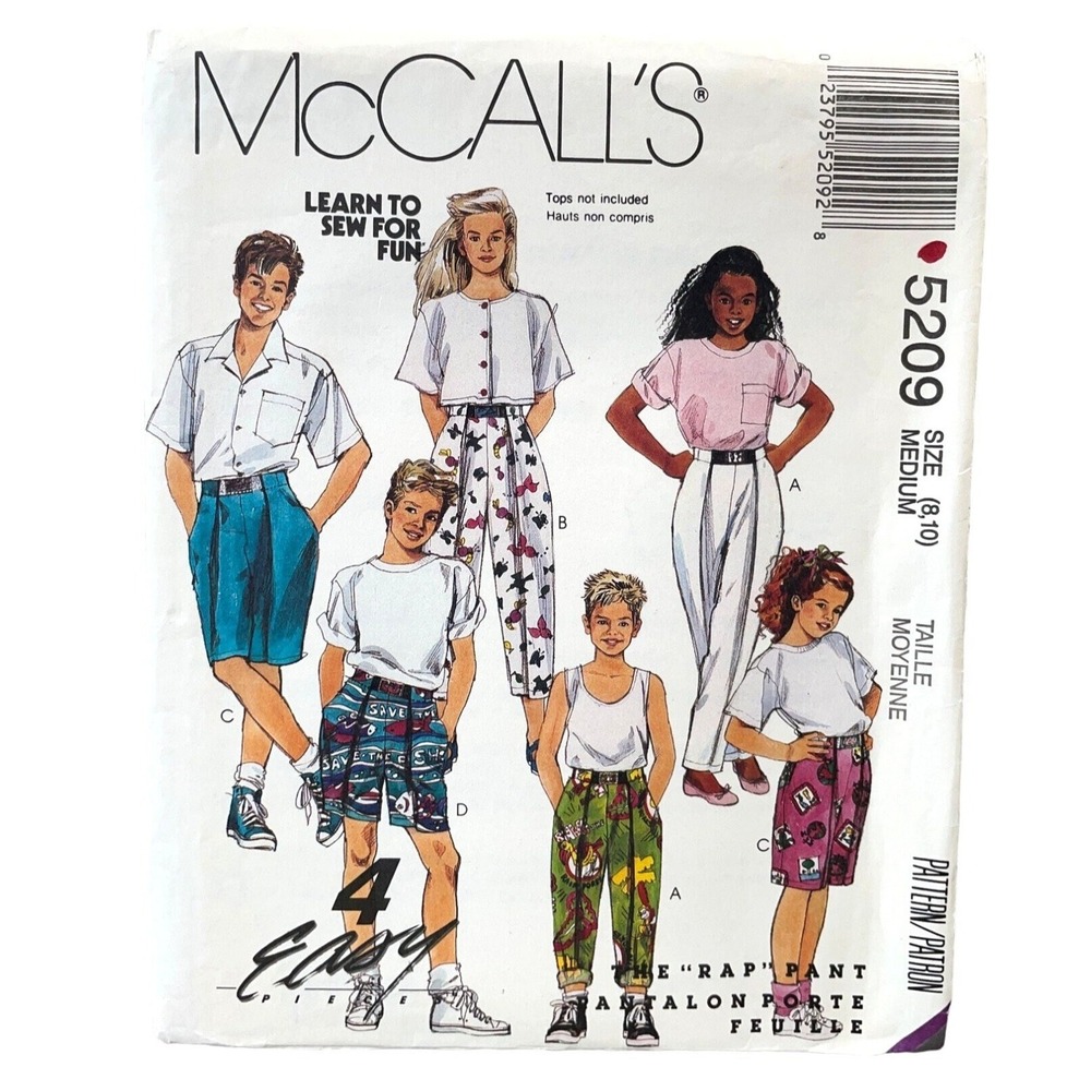 McCalls Sewing Pattern 5209 Rap Pants Shorts Unisex Kids Size 8-10
